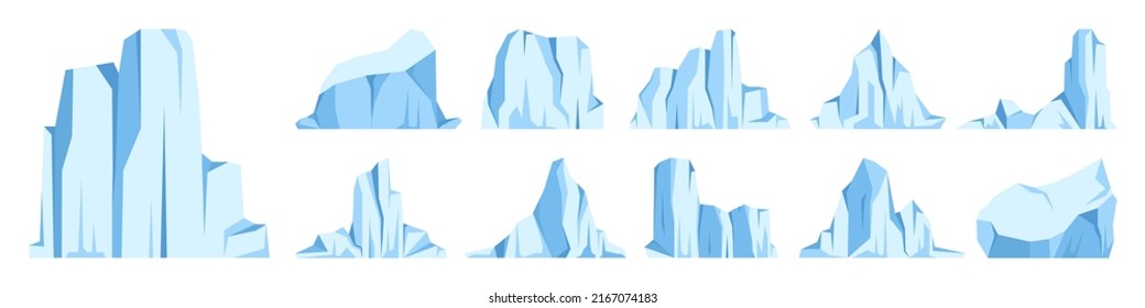 Floating icebergs collection. Drifting arctic glacier, block of frozen ocean water. Icy mountains with snow. Melting ice peak. Antarctic snowy landscape. South and North Pole. Vector illustration.