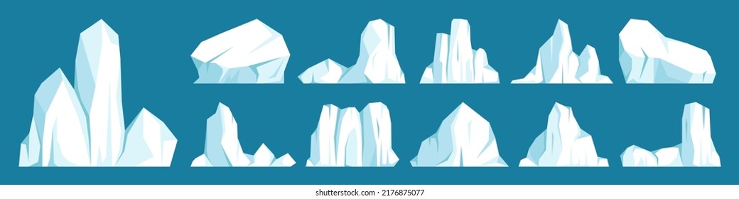 Colección de icebergs flotantes. Glaciar ártico de deriva, bloque de agua congelada del océano. Montañas heladas con nieve. Se derrite el pico de hielo. Paisaje nevado antártico. Polo Sur y Norte. Ilustración vectorial.