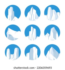 Floating icebergs collection. Drifting arctic glacier, block of frozen ocean water. Icy mountains with snow. Melting ice peak. Antarctic snowy landscape. South and North Pole. Vector illustration.
