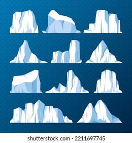 Floating icebergs collection. Drifting arctic glacier, block of frozen ocean water. Icy mountains with snow. Melting ice peak. Antarctic snowy landscape. South and North Pole. Vector illustration.