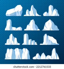 Floating icebergs collection. Drifting arctic glacier, block of frozen ocean water. Icy mountains with snow. Melting ice peak. Antarctic snowy landscape. South and North Pole. Vector illustration.