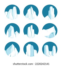 Floating icebergs collection. Drifting arctic glacier, block of frozen ocean water. Icy mountains with snow. Melting ice peak. Antarctic snowy landscape. South and North Pole. Vector illustration.