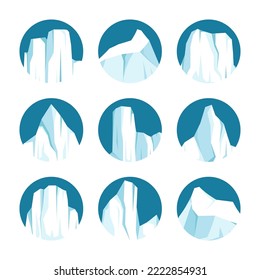 Floating icebergs collection. Drifting arctic glacier, block of frozen ocean water. Icy mountains with snow. Melting ice peak. Antarctic snowy landscape. South and North Pole. Vector illustration.