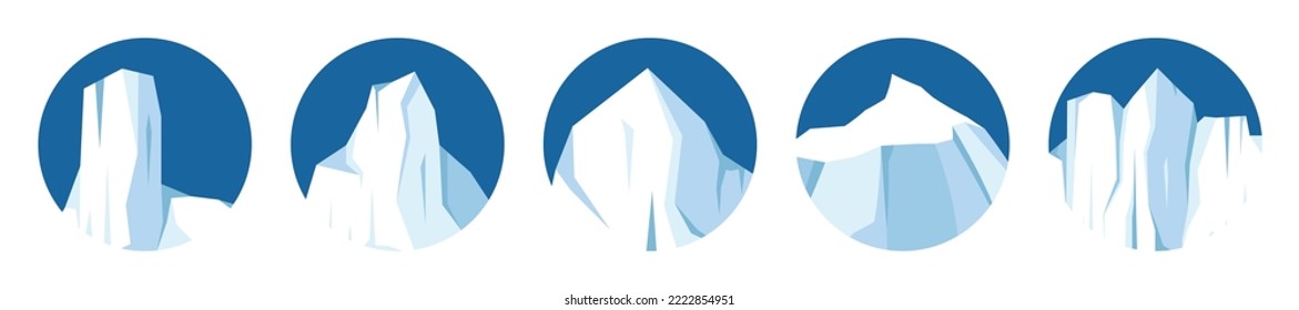 Floating icebergs collection. Drifting arctic glacier, block of frozen ocean water. Icy mountains with snow. Melting ice peak. Antarctic snowy landscape. South and North Pole. Vector illustration.