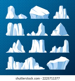 Colección de icebergs flotantes. Glaciar ártico de deriva, bloque de agua congelada del océano. Montañas heladas con nieve. Se derrite el pico de hielo. Paisaje nevado antártico. Polo Sur y Norte. Ilustración vectorial.