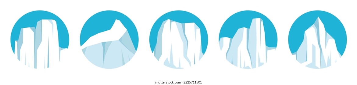 Colección de icebergs flotantes. Glaciar ártico de deriva, bloque de agua congelada del océano. Montañas heladas con nieve. Se derrite el pico de hielo. Paisaje nevado antártico. Polo Sur y Norte. Ilustración vectorial.