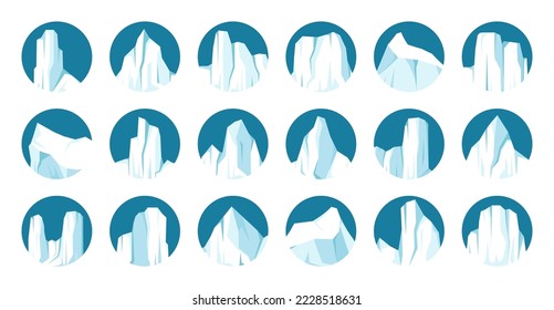 Floating icebergs collection. Drifting arctic glacier, block of frozen ocean water. Icy mountains with snow. Melting ice peak. Antarctic snowy landscape. South and North Pole. Vector illustration.