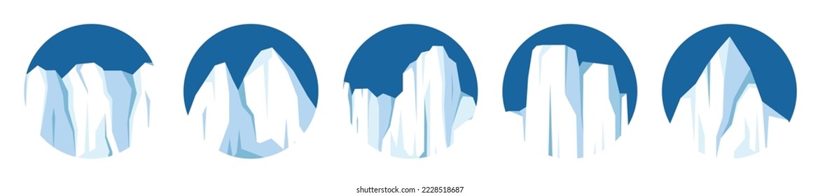 Floating icebergs collection. Drifting arctic glacier, block of frozen ocean water. Icy mountains with snow. Melting ice peak. Antarctic snowy landscape. South and North Pole. Vector illustration.