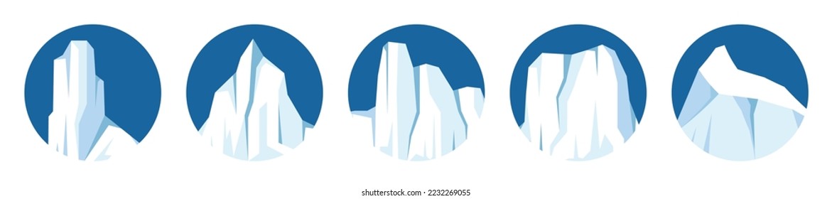 Floating icebergs collection. Drifting arctic glacier, block of frozen ocean water. Icy mountains with snow. Melting ice peak. Antarctic snowy landscape. South and North Pole. Vector illustration.