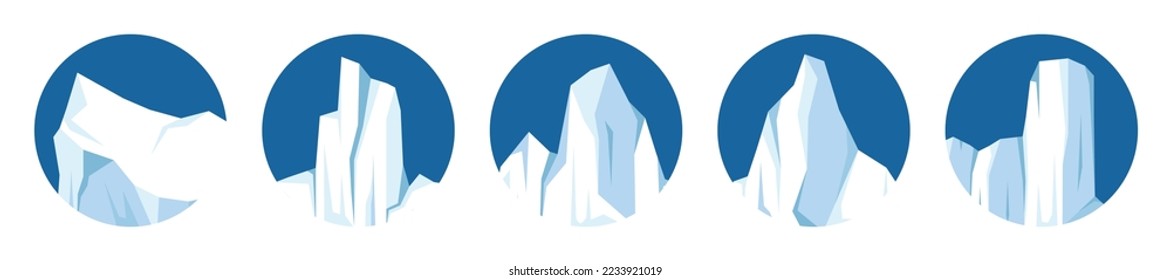 Floating icebergs collection. Drifting arctic glacier, block of frozen ocean water. Icy mountains with snow. Melting ice peak. Antarctic snowy landscape. South and North Pole. Vector illustration.