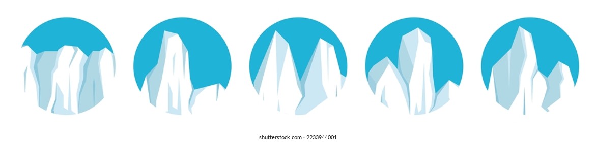 Floating icebergs collection. Drifting arctic glacier, block of frozen ocean water. Icy mountains with snow. Melting ice peak. Antarctic snowy landscape. South and North Pole. Vector illustration.