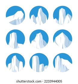 Floating icebergs collection. Drifting arctic glacier, block of frozen ocean water. Icy mountains with snow. Melting ice peak. Antarctic snowy landscape. South and North Pole. Vector illustration.