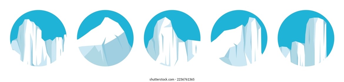 Floating icebergs collection. Drifting arctic glacier, block of frozen ocean water. Icy mountains with snow. Melting ice peak. Antarctic snowy landscape. South and North Pole. Vector illustration.