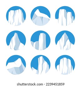 Floating icebergs collection. Drifting arctic glacier, block of frozen ocean water. Icy mountains with snow. Melting ice peak. Antarctic snowy landscape. South and North Pole. Vector illustration.