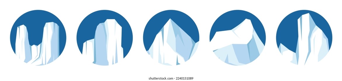 Floating icebergs collection. Drifting arctic glacier, block of frozen ocean water. Icy mountains with snow. Melting ice peak. Antarctic snowy landscape. South and North Pole. Vector illustration.