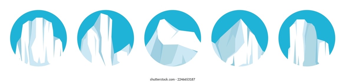 Floating icebergs collection. Drifting arctic glacier, block of frozen ocean water. Icy mountains with snow. Melting ice peak. Antarctic snowy landscape. South and North Pole. Vector illustration.