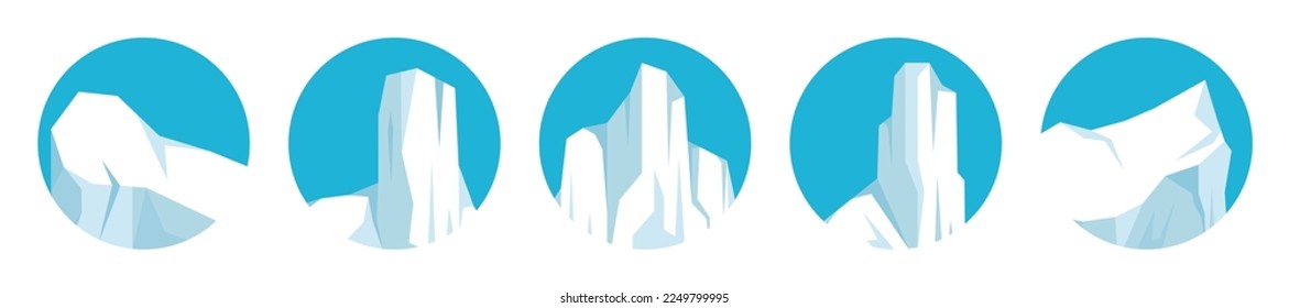 Floating icebergs collection. Drifting arctic glacier, block of frozen ocean water. Icy mountains with snow. Melting ice peak. Antarctic snowy landscape. South and North Pole. Vector illustration.