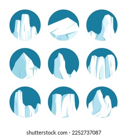 Floating icebergs collection. Drifting arctic glacier, block of frozen ocean water. Icy mountains with snow. Melting ice peak. Antarctic snowy landscape. South and North Pole. Vector illustration.