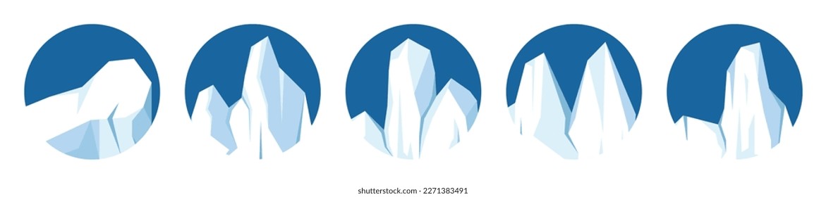 Floating icebergs collection. Drifting arctic glacier, block of frozen ocean water. Icy mountains with snow. Melting ice peak. Antarctic snowy landscape. South and North Pole. Vector illustration.