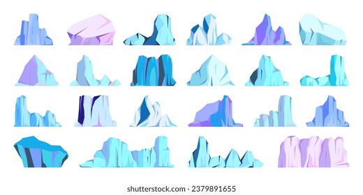 Floating icebergs collection. Drifting arctic glacier, block of frozen ocean water. Icy mountains with snow. Melting ice peak. Antarctic snowy landscape. South and North Pole. Vector illustration.