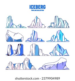 Floating icebergs collection. Drifting arctic glacier, block of frozen ocean water. Icy mountains with snow. Melting ice peak. Antarctic snowy landscape. South and North Pole. Vector illustration.