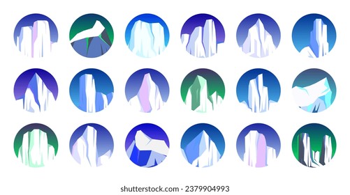 Floating icebergs collection. Drifting arctic glacier, block of frozen ocean water. Icy mountains with snow. Melting ice peak. Antarctic snowy landscape. South and North Pole. Vector illustration.