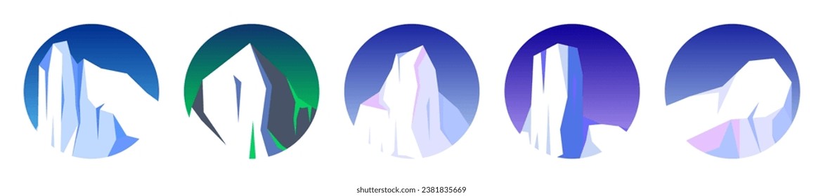 Floating icebergs collection. Drifting arctic glacier, block of frozen ocean water. Icy mountains with snow. Melting ice peak. Antarctic snowy landscape. South and North Pole. Vector illustration.