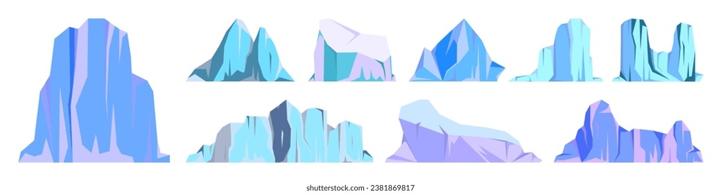 Floating icebergs collection. Drifting arctic glacier, block of frozen ocean water. Icy mountains with snow. Melting ice peak. Antarctic snowy landscape. South and North Pole. Vector illustration.