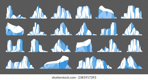 Floating icebergs collection. Drifting arctic glacier, block of frozen ocean water. Icy mountains with snow. Melting ice peak. Antarctic snowy landscape. South and North Pole. Vector illustration.