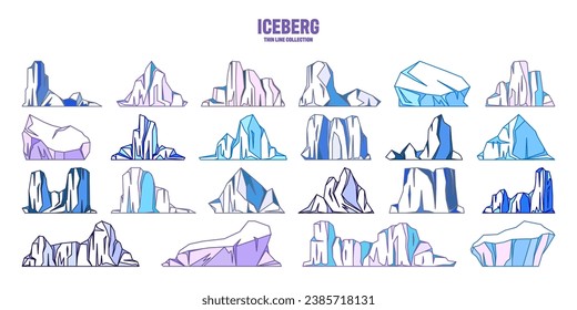 Floating icebergs collection. Drifting arctic glacier, block of frozen ocean water. Icy mountains with snow. Melting ice peak. Antarctic snowy landscape. South and North Pole. Vector illustration.