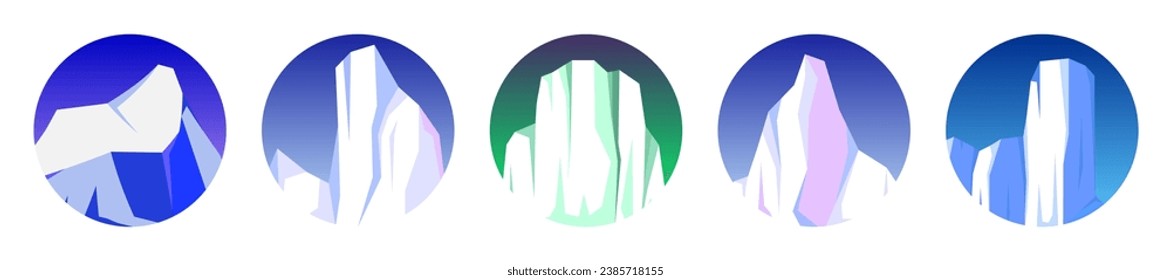 Floating icebergs collection. Drifting arctic glacier, block of frozen ocean water. Icy mountains with snow. Melting ice peak. Antarctic snowy landscape. South and North Pole. Vector illustration.