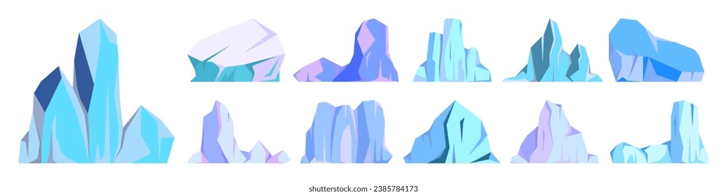 Floating-Eisbergs-Kollektion. Treibender arktischer Gletscher, Block gefrorenen Meerwassers. Eisberge mit Schnee. Schmelzeisspitze. Landschaft mit Schnee in der Antarktis. Süd- und Nordpol. Vektorgrafik.