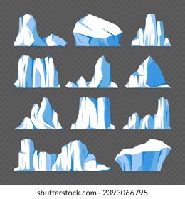 Floating-Eisbergs-Kollektion. Treibender arktischer Gletscher, Block gefrorenen Meerwassers. Eisberge mit Schnee. Schmelzeisspitze. Landschaft mit Schnee in der Antarktis. Süd- und Nordpol. Vektorgrafik.