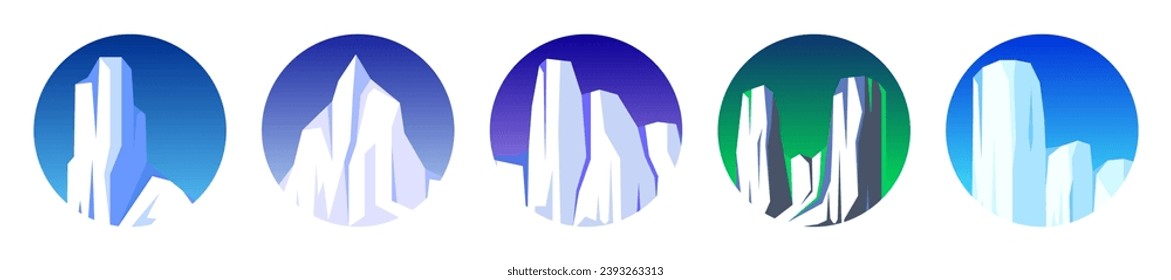 Floating icebergs collection. Drifting arctic glacier, block of frozen ocean water. Icy mountains with snow. Melting ice peak. Antarctic snowy landscape. South and North Pole. Vector illustration.