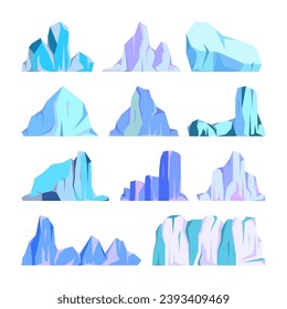 Floating-Eisbergs-Kollektion. Treibender arktischer Gletscher, Block gefrorenen Meerwassers. Eisberge mit Schnee. Schmelzeisspitze. Landschaft mit Schnee in der Antarktis. Süd- und Nordpol. Vektorgrafik.