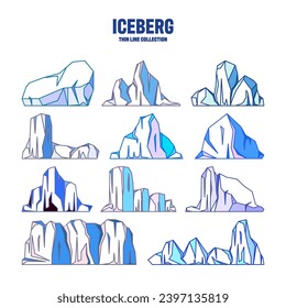 Floating icebergs collection. Drifting arctic glacier, block of frozen ocean water. Icy mountains with snow. Melting ice peak. Antarctic snowy landscape. South and North Pole. Vector illustration.