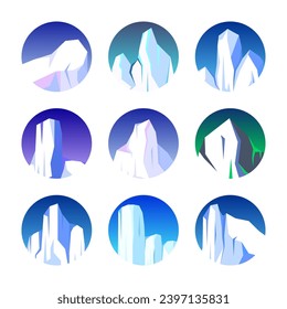 Floating icebergs collection. Drifting arctic glacier, block of frozen ocean water. Icy mountains with snow. Melting ice peak. Antarctic snowy landscape. South and North Pole. Vector illustration.