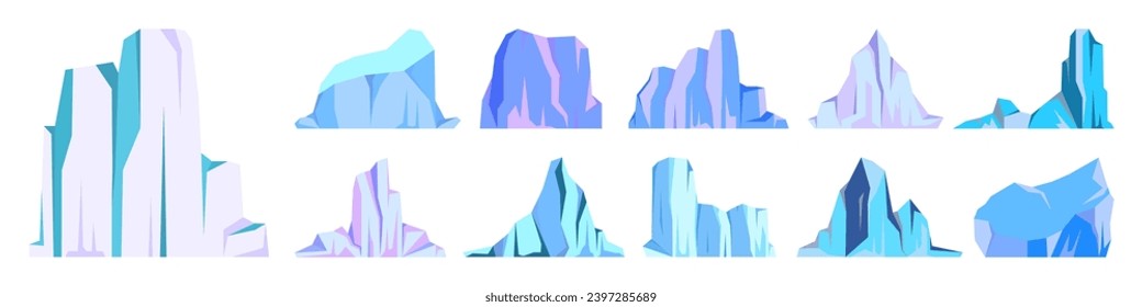 Floating-Eisbergs-Kollektion. Treibender arktischer Gletscher, Block gefrorenen Meerwassers. Eisberge mit Schnee. Schmelzeisspitze. Landschaft mit Schnee in der Antarktis. Süd- und Nordpol. Vektorgrafik.