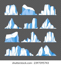 Floating-Eisbergs-Kollektion. Treibender arktischer Gletscher, Block gefrorenen Meerwassers. Eisberge mit Schnee. Schmelzeisspitze. Landschaft mit Schnee in der Antarktis. Süd- und Nordpol. Vektorgrafik.