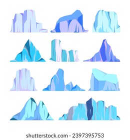 Floating-Eisbergs-Kollektion. Treibender arktischer Gletscher, Block gefrorenen Meerwassers. Eisberge mit Schnee. Schmelzeisspitze. Landschaft mit Schnee in der Antarktis. Süd- und Nordpol. Vektorgrafik.