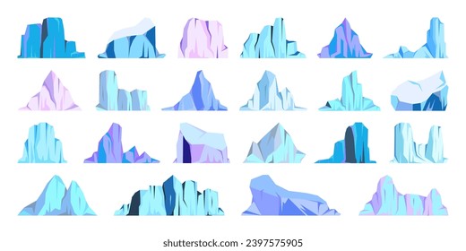 Floating-Eisbergs-Kollektion. Treibender arktischer Gletscher, Block gefrorenen Meerwassers. Eisberge mit Schnee. Schmelzeisspitze. Landschaft mit Schnee in der Antarktis. Süd- und Nordpol. Vektorgrafik.