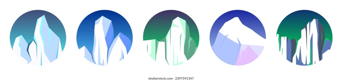 Floating icebergs collection. Drifting arctic glacier, block of frozen ocean water. Icy mountains with snow. Melting ice peak. Antarctic snowy landscape. South and North Pole. Vector illustration.