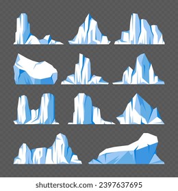 Floating-Eisbergs-Kollektion. Treibender arktischer Gletscher, Block gefrorenen Meerwassers. Eisberge mit Schnee. Schmelzeisspitze. Landschaft mit Schnee in der Antarktis. Süd- und Nordpol. Vektorgrafik.