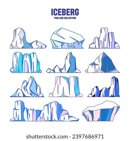 Floating-Eisbergs-Kollektion. Treibender arktischer Gletscher, Block gefrorenen Meerwassers. Eisberge mit Schnee. Schmelzeisspitze. Landschaft mit Schnee in der Antarktis. Süd- und Nordpol. Vektorgrafik.