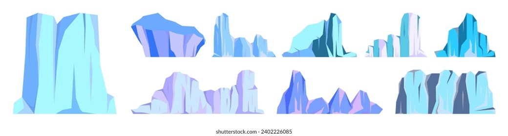 Floating-Eisbergs-Kollektion. Treibender arktischer Gletscher, Block gefrorenen Meerwassers. Eisberge mit Schnee. Schmelzeisspitze. Landschaft mit Schnee in der Antarktis. Süd- und Nordpol. Vektorgrafik.