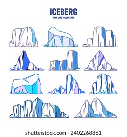 Floating-Eisbergs-Kollektion. Treibender arktischer Gletscher, Block gefrorenen Meerwassers. Eisberge mit Schnee. Schmelzeisspitze. Landschaft mit Schnee in der Antarktis. Süd- und Nordpol. Vektorgrafik.