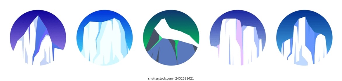 Floating-Eisbergs-Kollektion. Treibender arktischer Gletscher, Block gefrorenen Meerwassers. Eisberge mit Schnee. Schmelzeisspitze. Landschaft mit Schnee in der Antarktis. Süd- und Nordpol. Vektorgrafik.