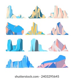 Floating-Eisbergs-Kollektion. Treibender arktischer Gletscher, Block gefrorenen Meerwassers. Eisberge mit Schnee. Schmelzeisspitze. Landschaft mit Schnee in der Antarktis. Süd- und Nordpol. Vektorgrafik.