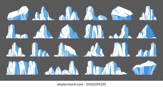 Floating-Eisbergs-Kollektion. Treibender arktischer Gletscher, Block gefrorenen Meerwassers. Eisberge mit Schnee. Schmelzeisspitze. Landschaft mit Schnee in der Antarktis. Süd- und Nordpol. Vektorgrafik.