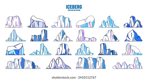 Floating-Eisbergs-Kollektion. Treibender arktischer Gletscher, Block gefrorenen Meerwassers. Eisberge mit Schnee. Schmelzeisspitze. Landschaft mit Schnee in der Antarktis. Süd- und Nordpol. Vektorgrafik.